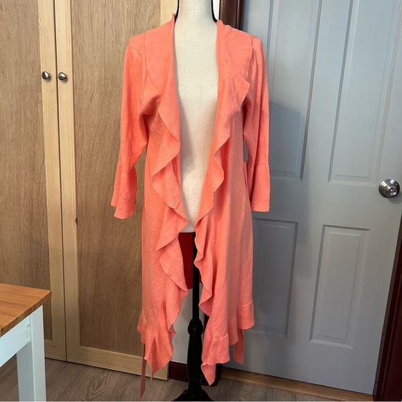 Garnet Hill Longline Cardigan Open Waterfall Drape Front Belt Ruffles Peach Sz S - Picture 3 of 11